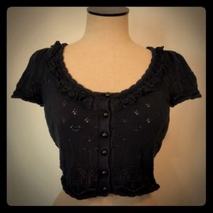 Betsey Johnson Short-Sleeve Sweater w/ Ruffle Neck